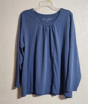 Carol Hochman Top sz XL Blue Round Neck Pleated Long Sleeve Light Weight